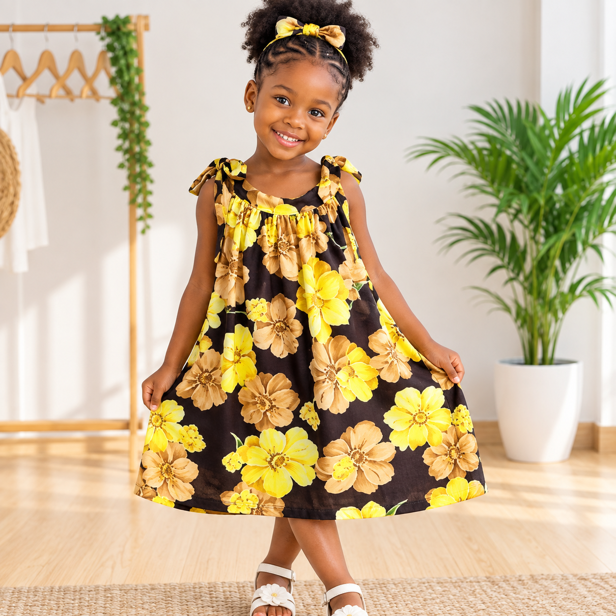 Robe Fille Motif Floral Jaune Noir