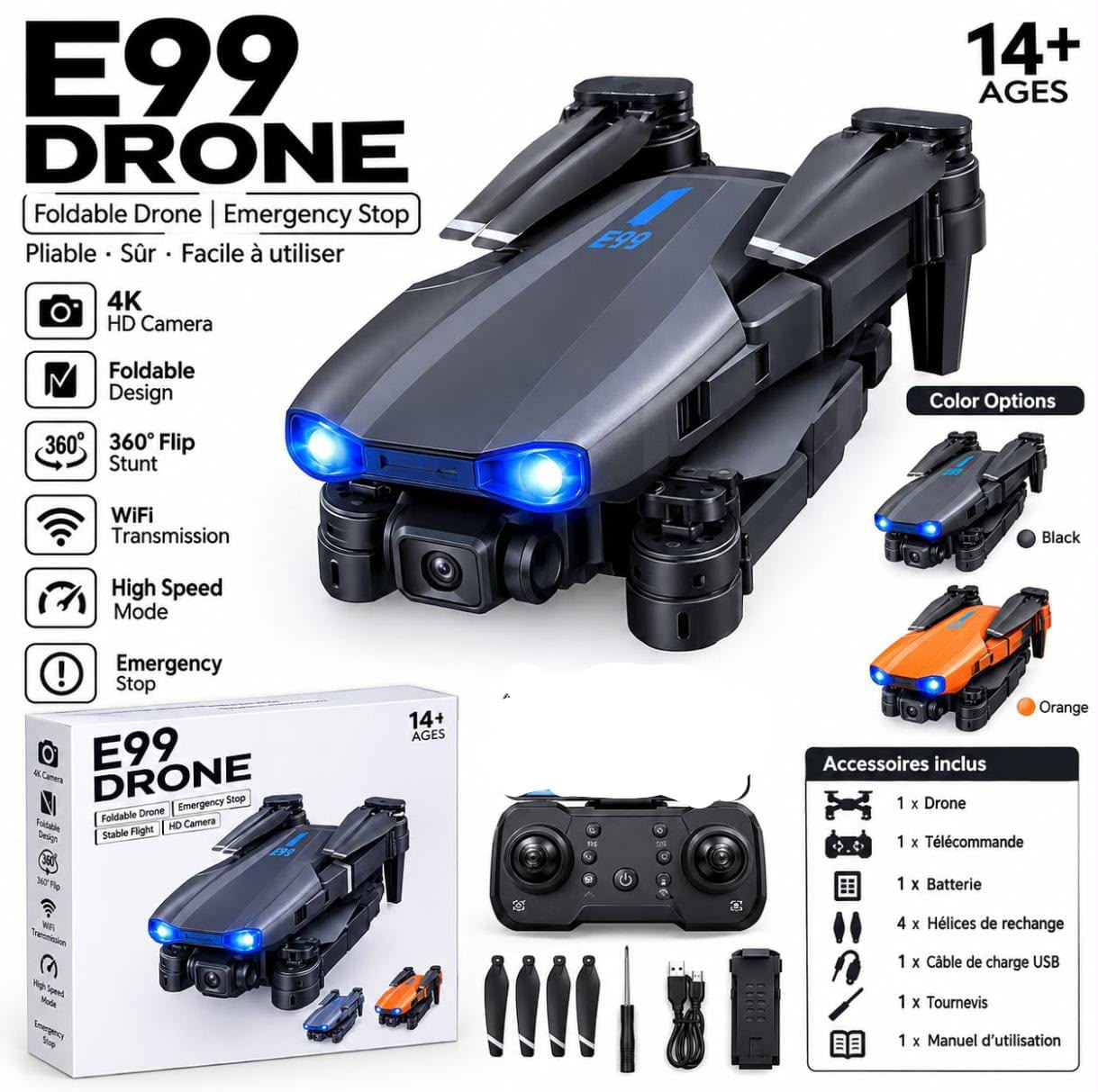 Drone Pliable E99 Caméra 4K WiFi Quadricoptère Débutant – Image 2