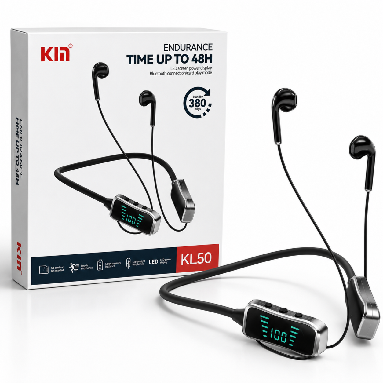 Écouteurs Tour de Cou KL50 Bluetooth 48h LED Carte TF
