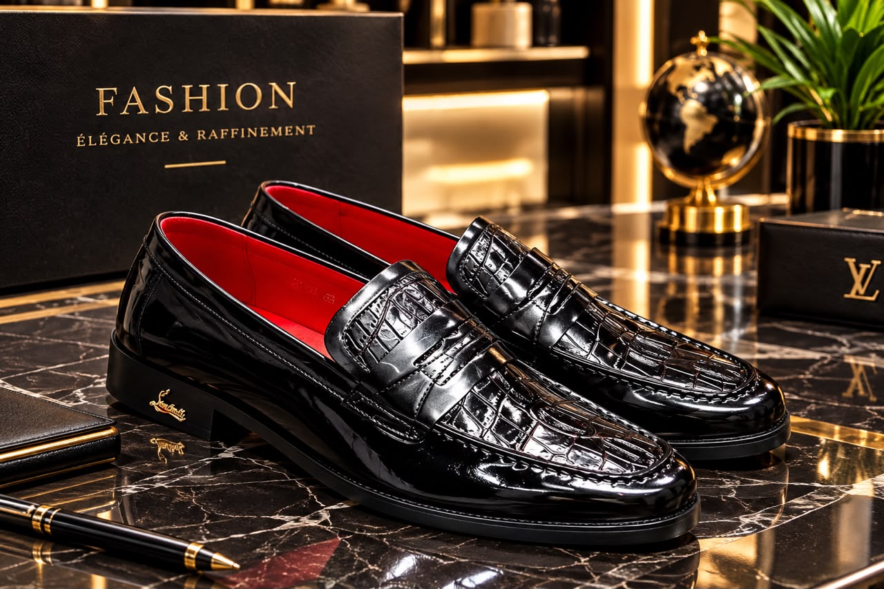 Détail de la semelle intérieure rouge des mocassins noirs vernis effet croco