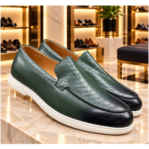 Santoni Original Mocassins Cuir Vert Marron Croco Semelle Blanche 40-46