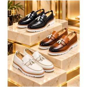 Mocassins Homme à Pampilles Cuir Semelle Blanche Crantée 40-46