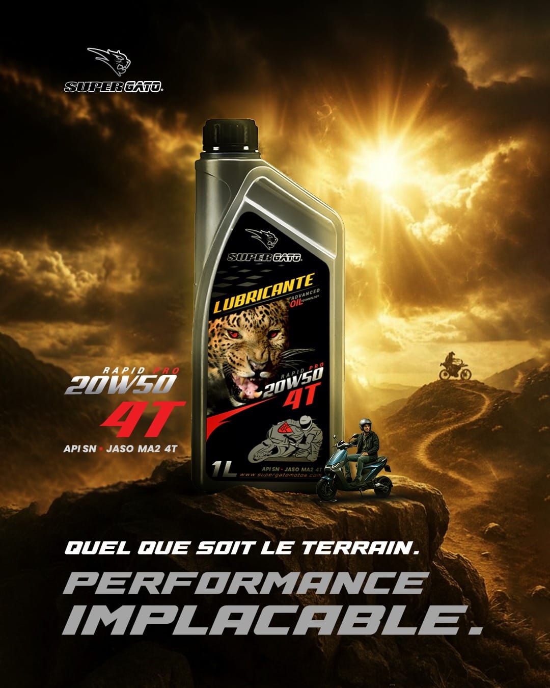 Huile Super Gato 20W-50 JASO MA pour motocyclettes et voitures essence
