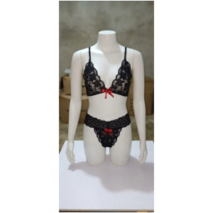 Ensemble Lingerie Dentelle Florale Soutien-Gorge Culotte Nœuds Rouges